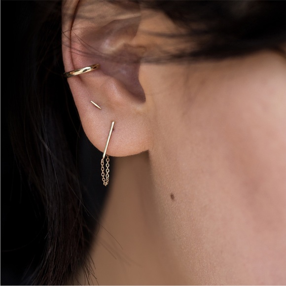 Solid 14k Yellow Gold Delicate Ballerina Bar Stud Chain Earring Dainty Piercing - Picture 6 of 6